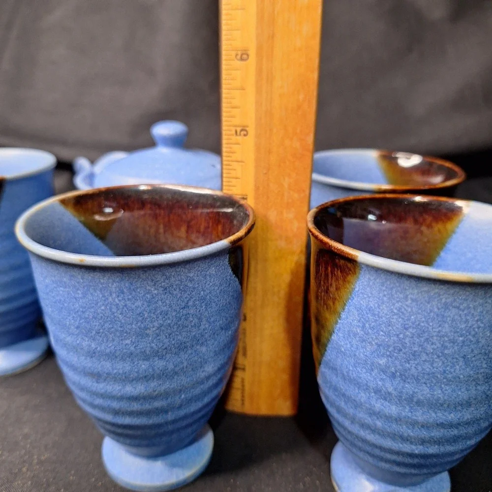 Andrea by Sadek Chopsticks Blue Ceramic Tea Set Teapot 4 Cups‎ Made in Japan